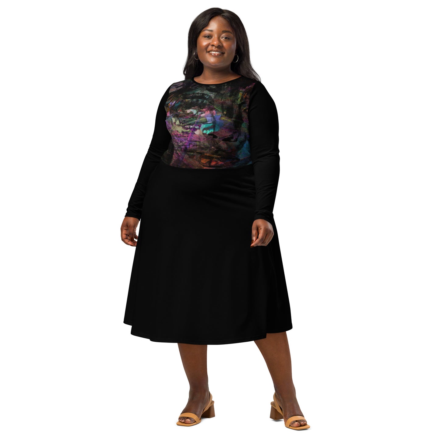 Chromatic Dreams Long Sleeve Midi Dress by Hipyfi: Modern art-inspired design for women seeking bold, eco-friendly fashion. front-2