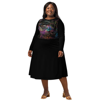 Chromatic Dreams Long Sleeve Midi Dress by Hipyfi: Modern art-inspired design for women seeking bold, eco-friendly fashion. front-2
