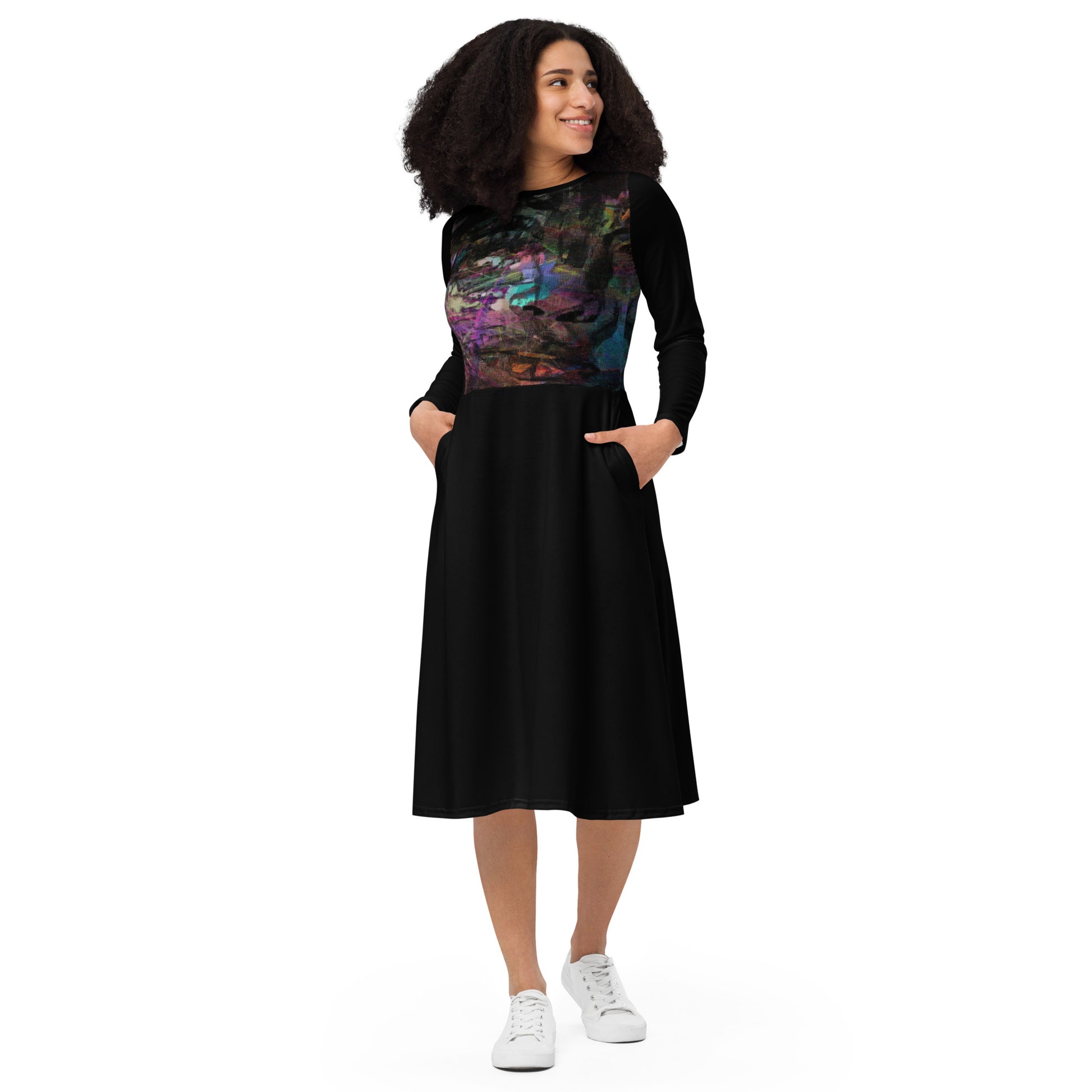 Chromatic Dreams Long Sleeve Midi Dress by Hipyfi: Modern art-inspired design for women seeking bold, eco-friendly fashion. front-3