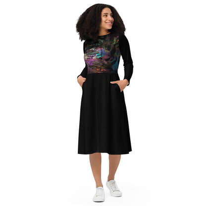 Chromatic Dreams Long Sleeve Midi Dress by Hipyfi: Modern art-inspired design for women seeking bold, eco-friendly fashion. front-3