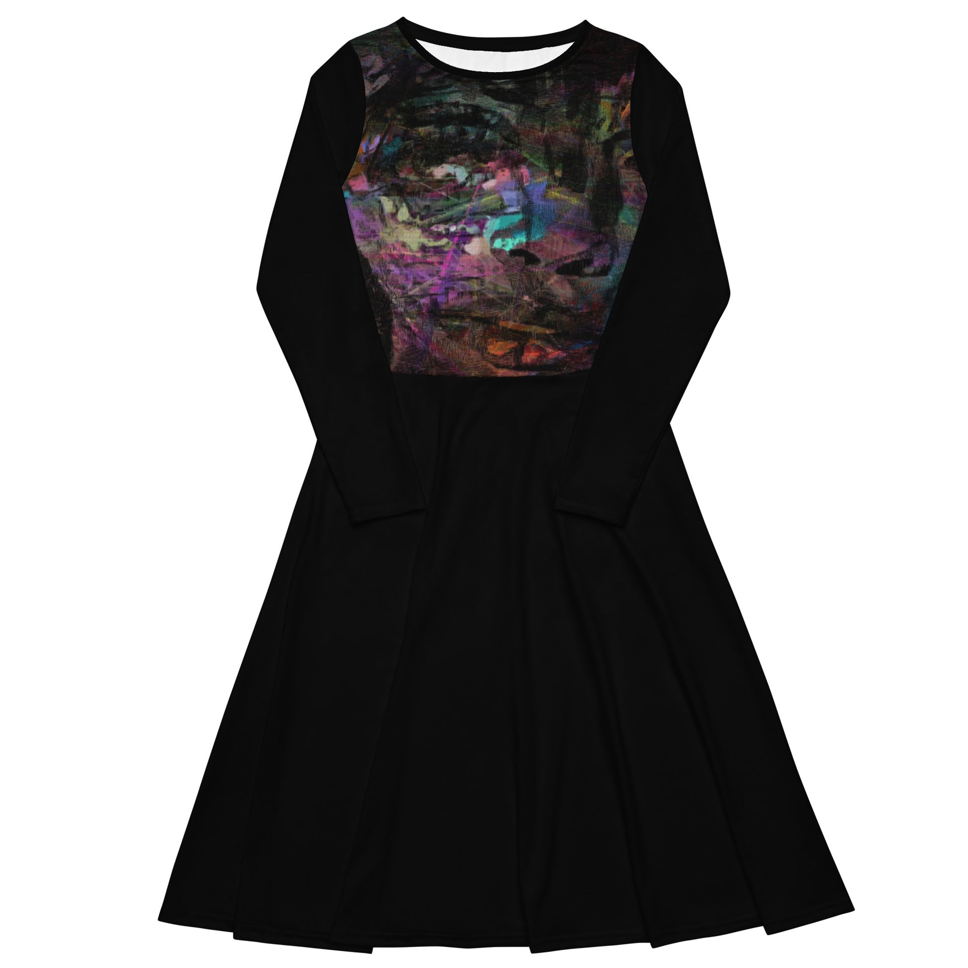 Chromatic Dreams Long Sleeve Midi Dress by Hipyfi: Modern art-inspired design for women seeking bold, eco-friendly fashion. front-7