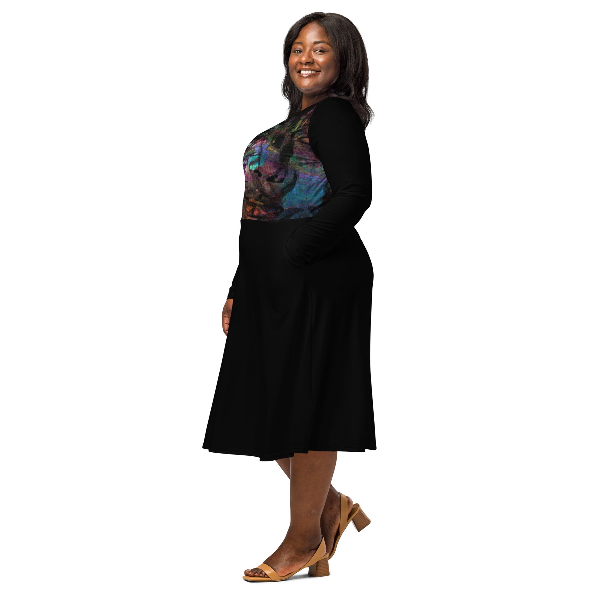 Chromatic Dreams Long Sleeve Midi Dress by Hipyfi: Modern art-inspired design for women seeking bold, eco-friendly fashion. left