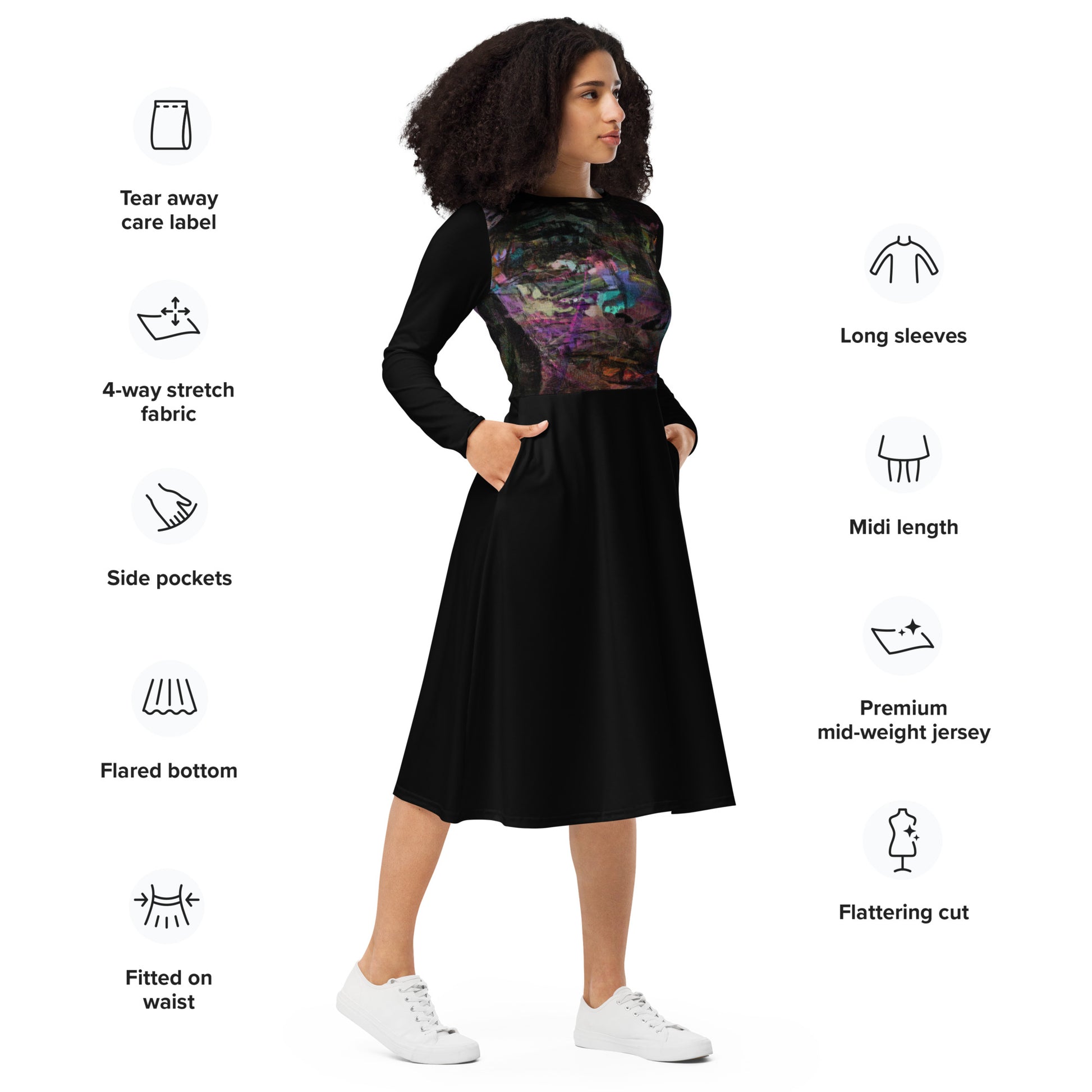 Chromatic Dreams Long Sleeve Midi Dress by Hipyfi: Modern art-inspired design for women seeking bold, eco-friendly fashion. product-info