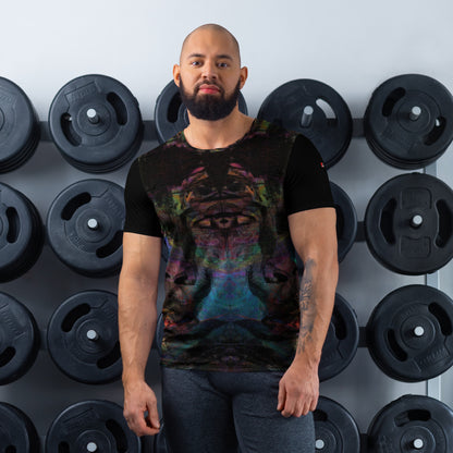 Hipyfi Men's Chromatic Dreams Athletic Tee: Bold abstract design on moisture-wicking performance fabric for gym or streetwear. Front