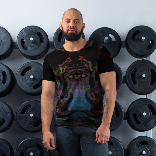 Hipyfi Men's Chromatic Dreams Athletic Tee: Bold abstract design on moisture-wicking performance fabric for gym or streetwear. Front