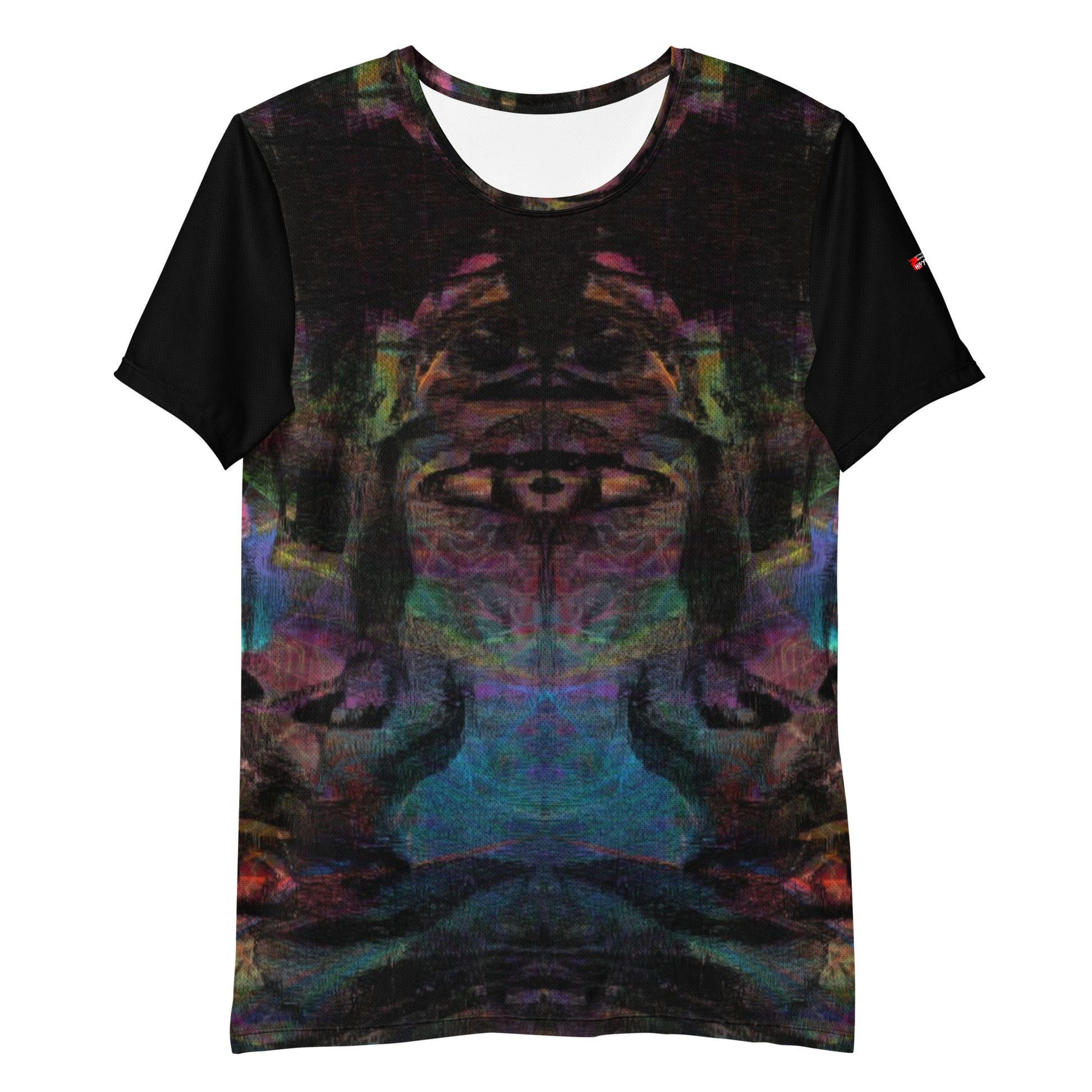 Hipyfi Men's Chromatic Dreams Athletic Tee: Bold abstract design on moisture-wicking performance fabric for gym or streetwear. Front-3