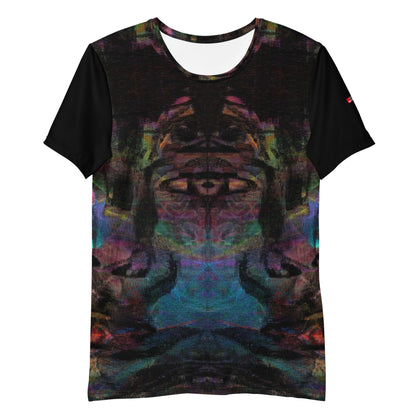 Hipyfi Men's Chromatic Dreams Athletic Tee: Bold abstract design on moisture-wicking performance fabric for gym or streetwear. Front-3