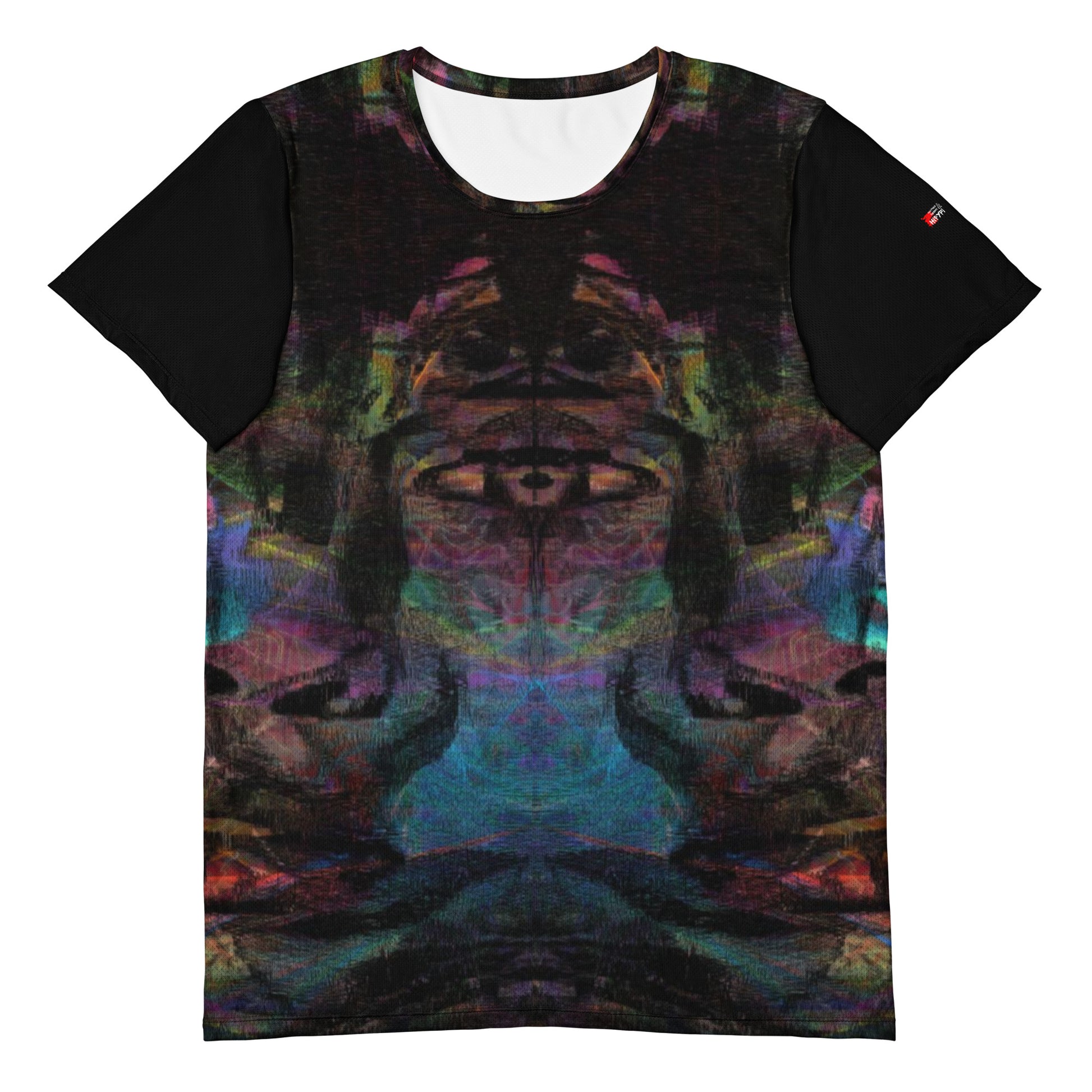 Hipyfi Men's Chromatic Dreams Athletic Tee: Bold abstract design on moisture-wicking performance fabric for gym or streetwear. Front-4