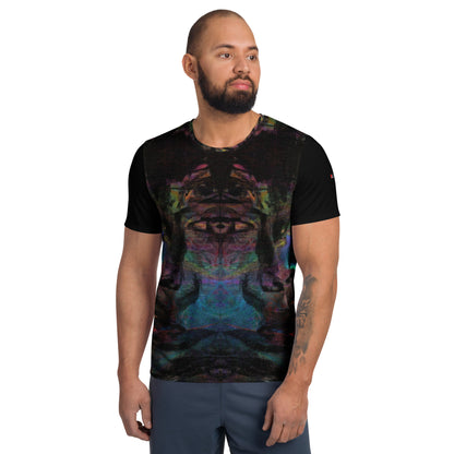 Hipyfi Men's Chromatic Dreams Athletic Tee: Bold abstract design on moisture-wicking performance fabric for gym or streetwear. Front-2-2