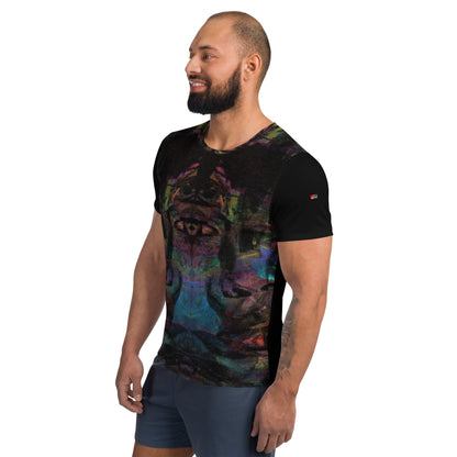 Hipyfi Men's Chromatic Dreams Athletic Tee: Bold abstract design on moisture-wicking performance fabric for gym or streetwear. Left