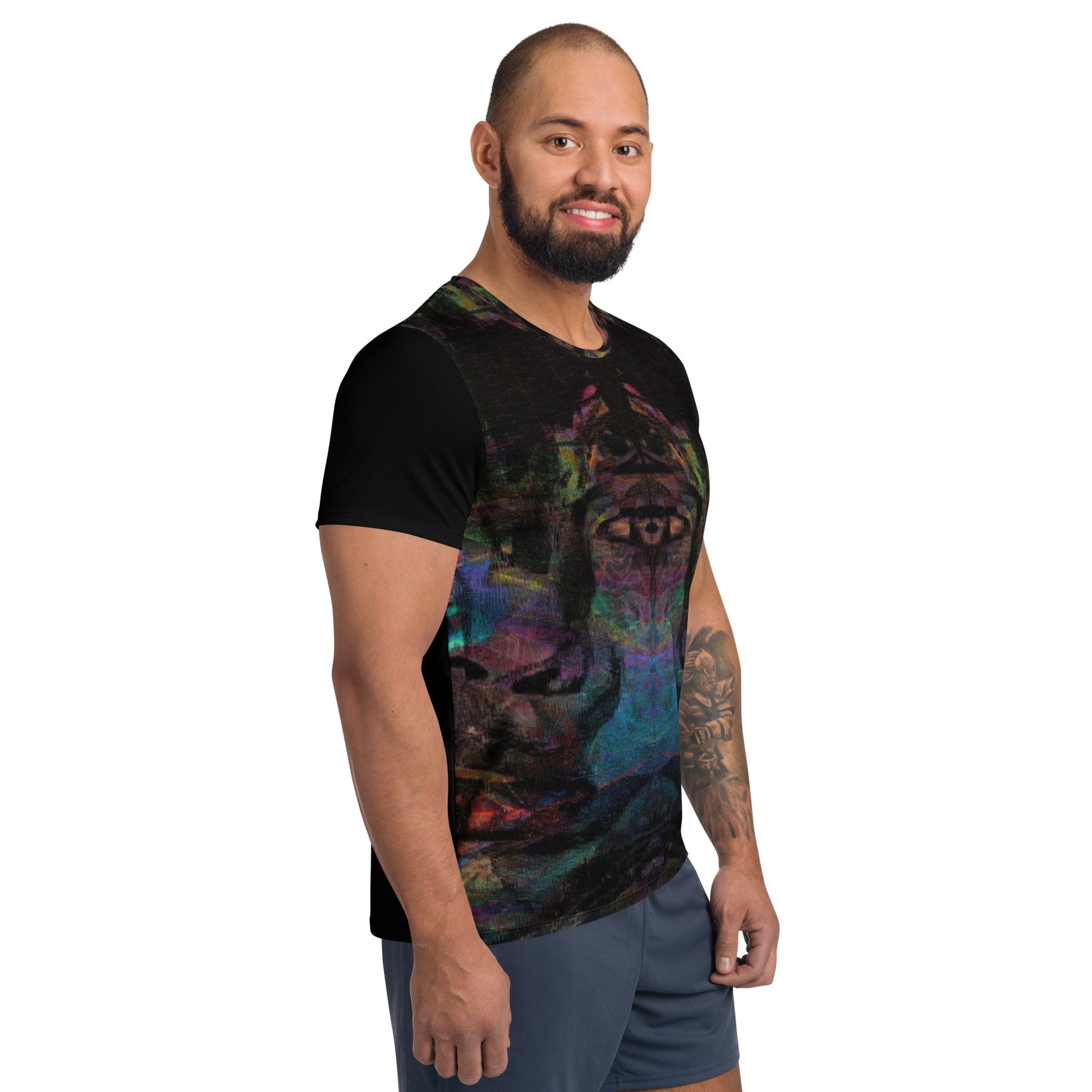 Hipyfi Men's Chromatic Dreams Athletic Tee: Bold abstract design on moisture-wicking performance fabric for gym or streetwear. Right
