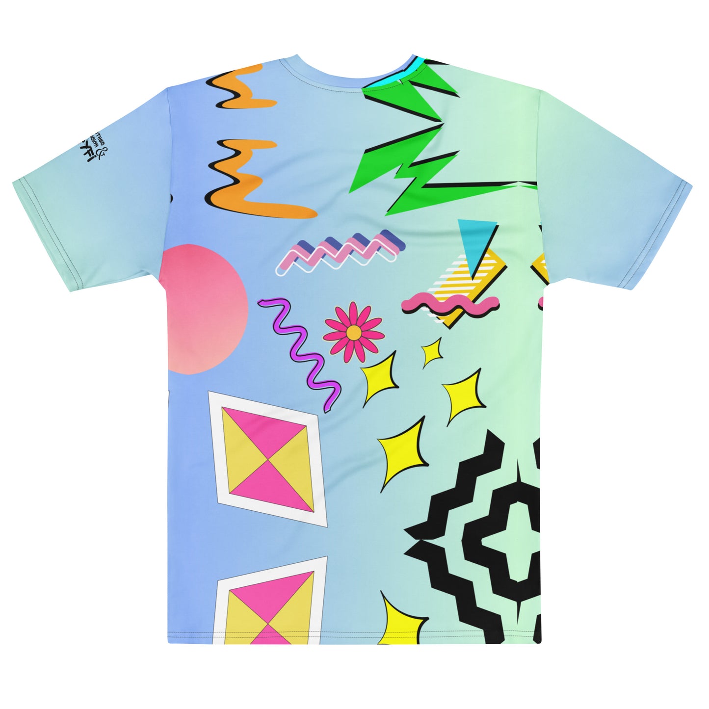 Hipyfi Men’s Retro Pop Art Crew Neck T-Shirt featuring bold Memphis design and cyan pop art graphics Back-4