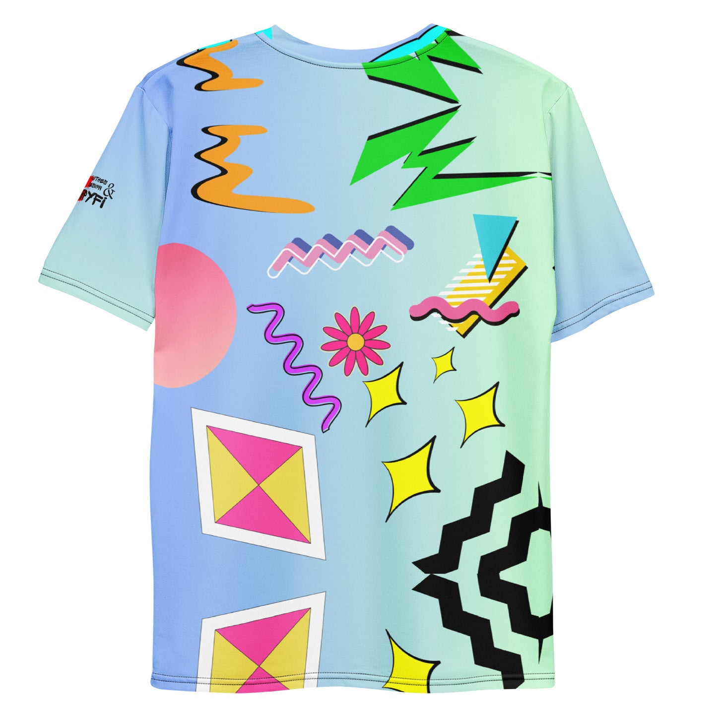 Hipyfi Men’s Retro Pop Art Crew Neck T-Shirt featuring bold Memphis design and cyan pop art graphics Back-5