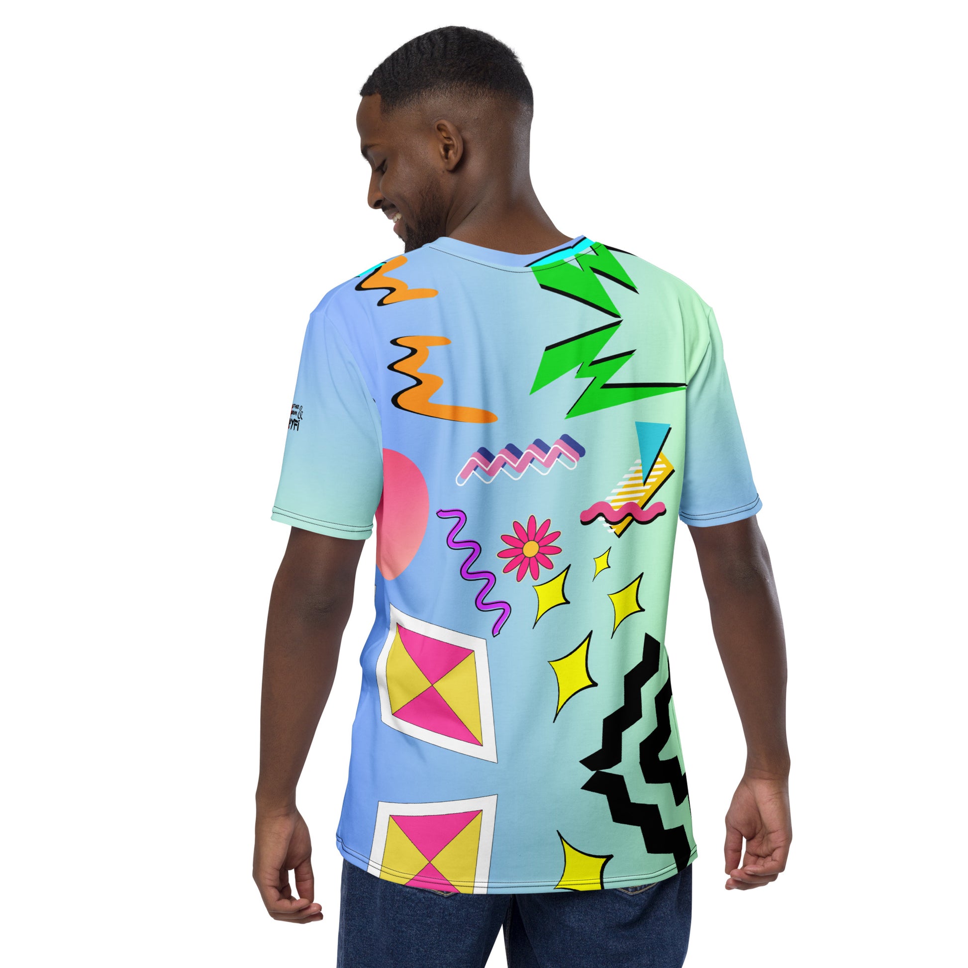 Hipyfi Men’s Retro Pop Art Crew Neck T-Shirt featuring bold Memphis design and cyan pop art graphics Back-2
