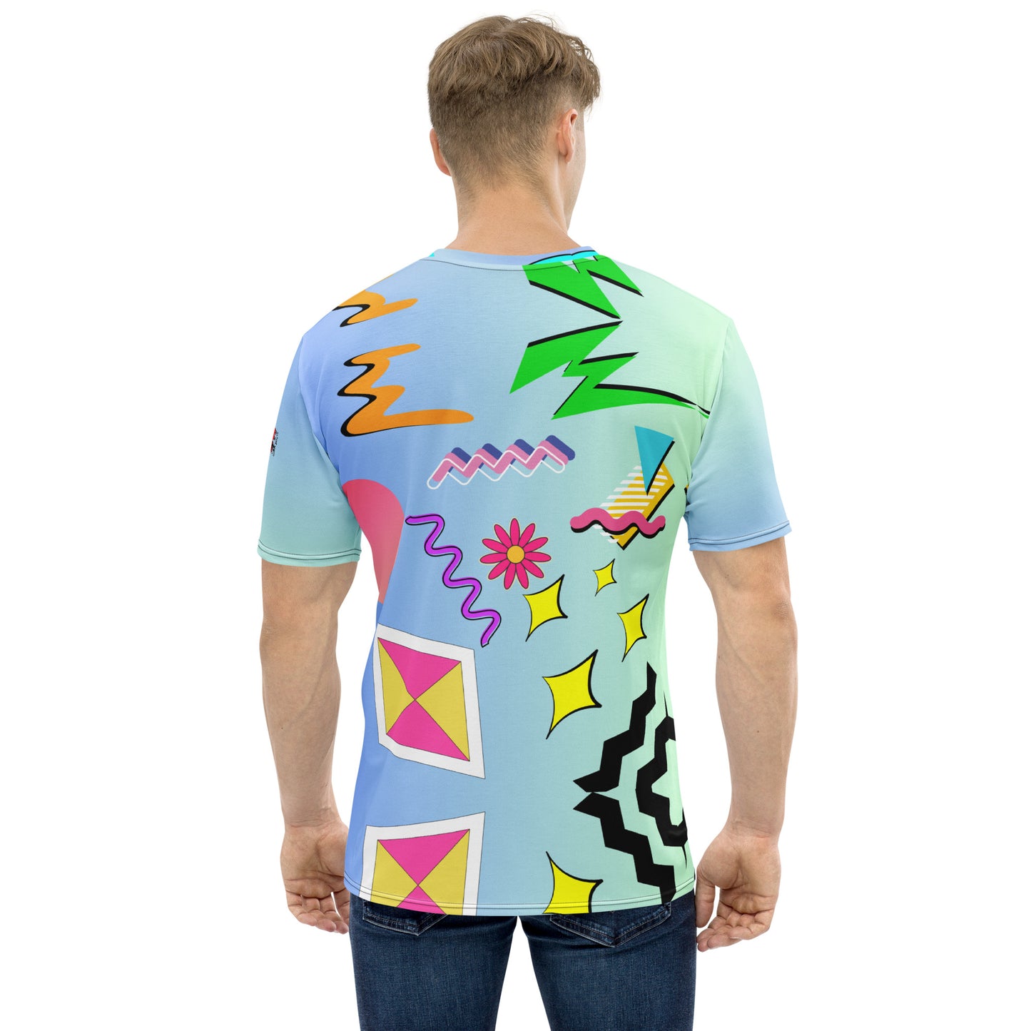 Hipyfi Men’s Retro Pop Art Crew Neck T-Shirt featuring bold Memphis design and cyan pop art graphics back