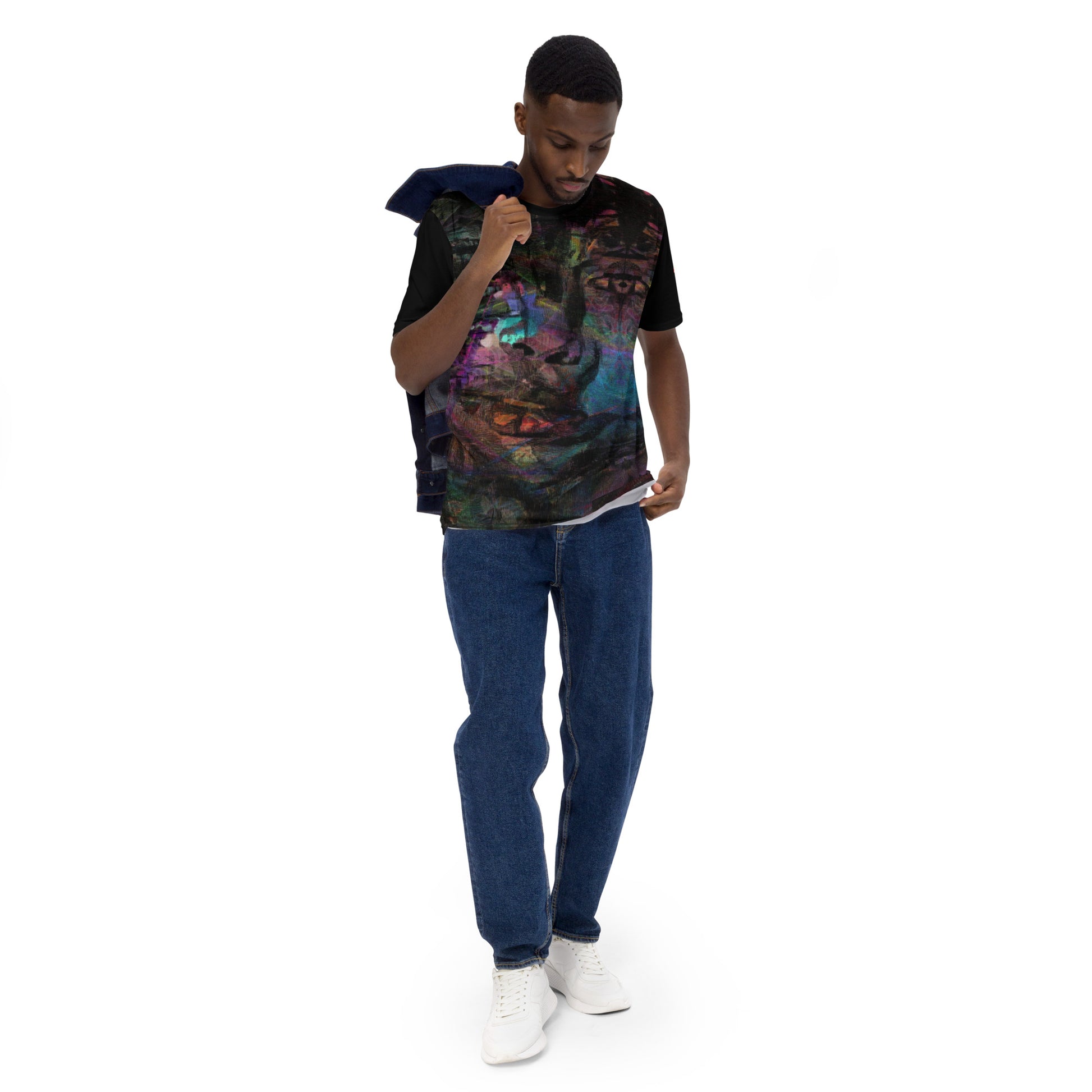 Men's crew neck tee with vibrant abstract art design, bold brushstrokes in purple, blue, and orange – modern colorful graphic t-shirt for men. Front-2-2