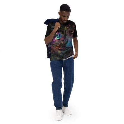 Men's crew neck tee with vibrant abstract art design, bold brushstrokes in purple, blue, and orange – modern colorful graphic t-shirt for men. Front-2-2