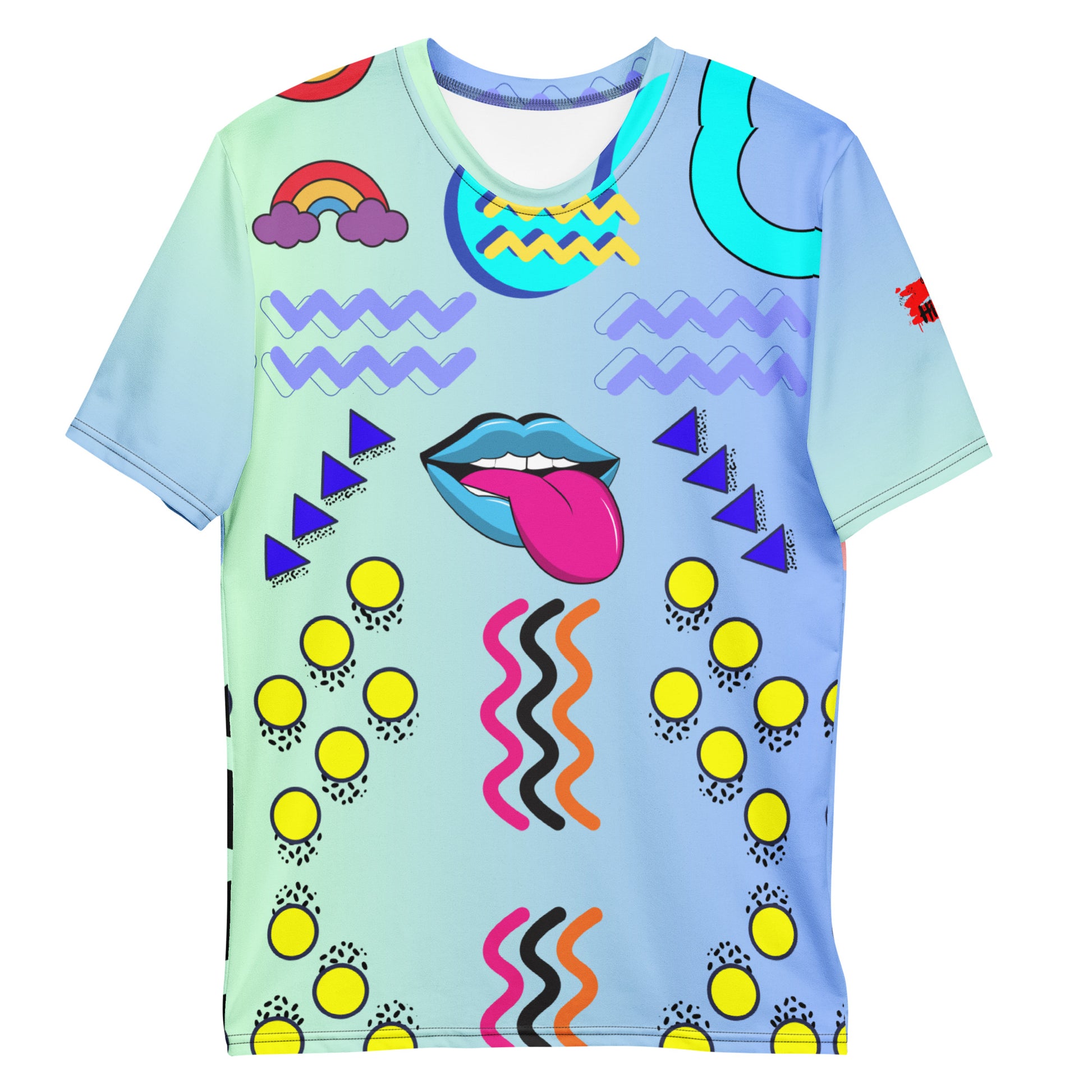 Hipyfi Men’s Retro Pop Art Crew Neck T-Shirt featuring bold Memphis design and cyan pop art graphics Front-5