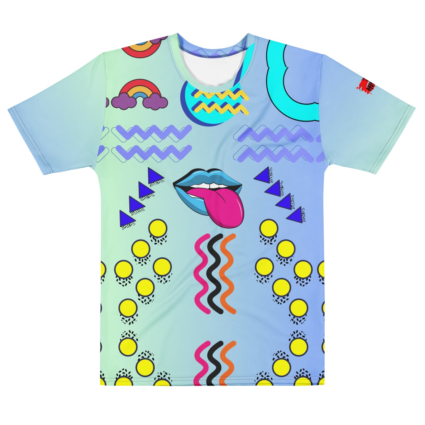 Hipyfi Men’s Retro Pop Art Crew Neck T-Shirt featuring bold Memphis design and cyan pop art graphics Front-4