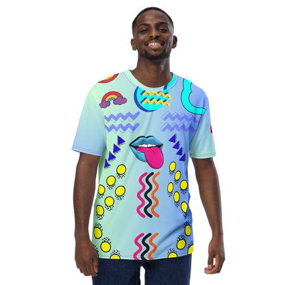 Hipyfi Men’s Retro Pop Art Crew Neck T-Shirt featuring bold Memphis design and cyan pop art graphics Front-2