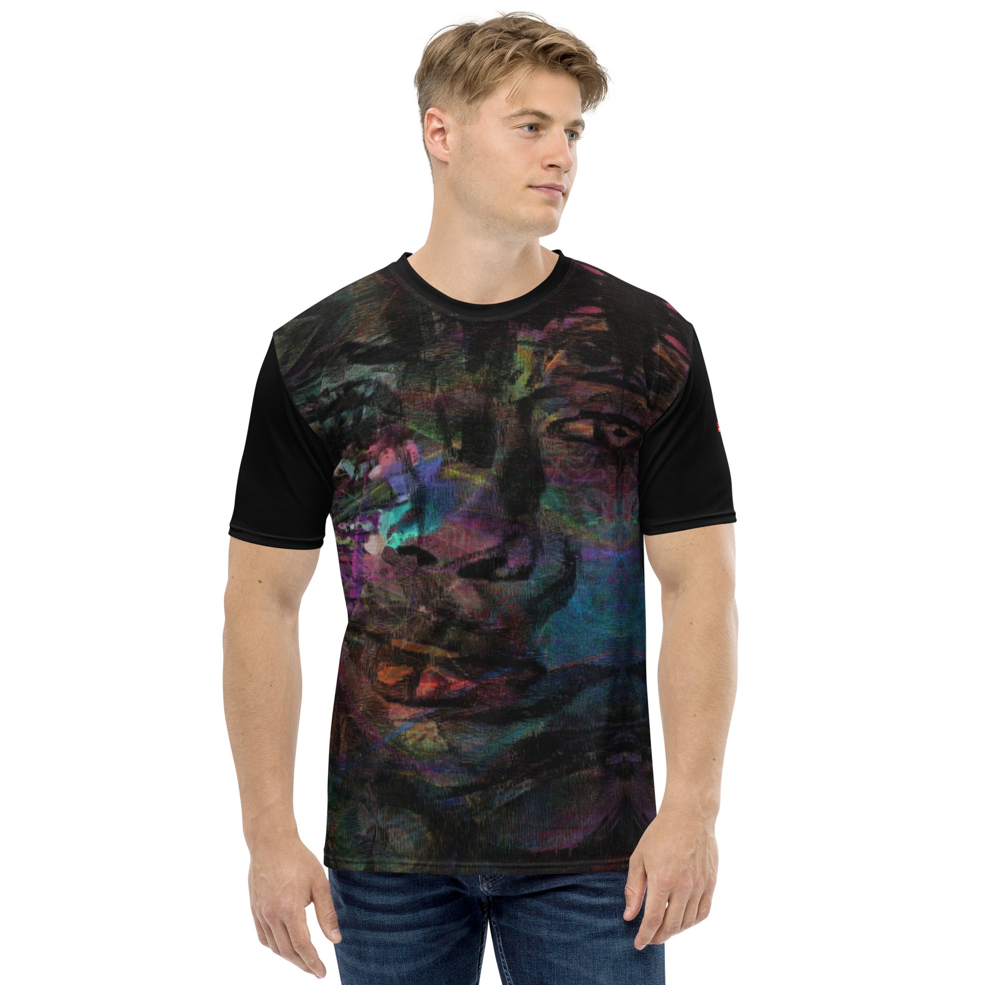 Men's crew neck tee with vibrant abstract art design, bold brushstrokes in purple, blue, and orange – modern colorful graphic t-shirt for men. Front