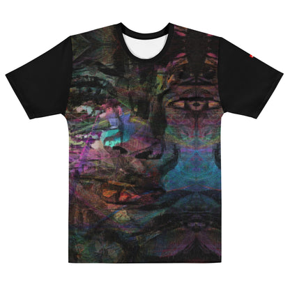 Men's crew neck tee with vibrant abstract art design, bold brushstrokes in purple, blue, and orange – modern colorful graphic t-shirt for men. Front-3