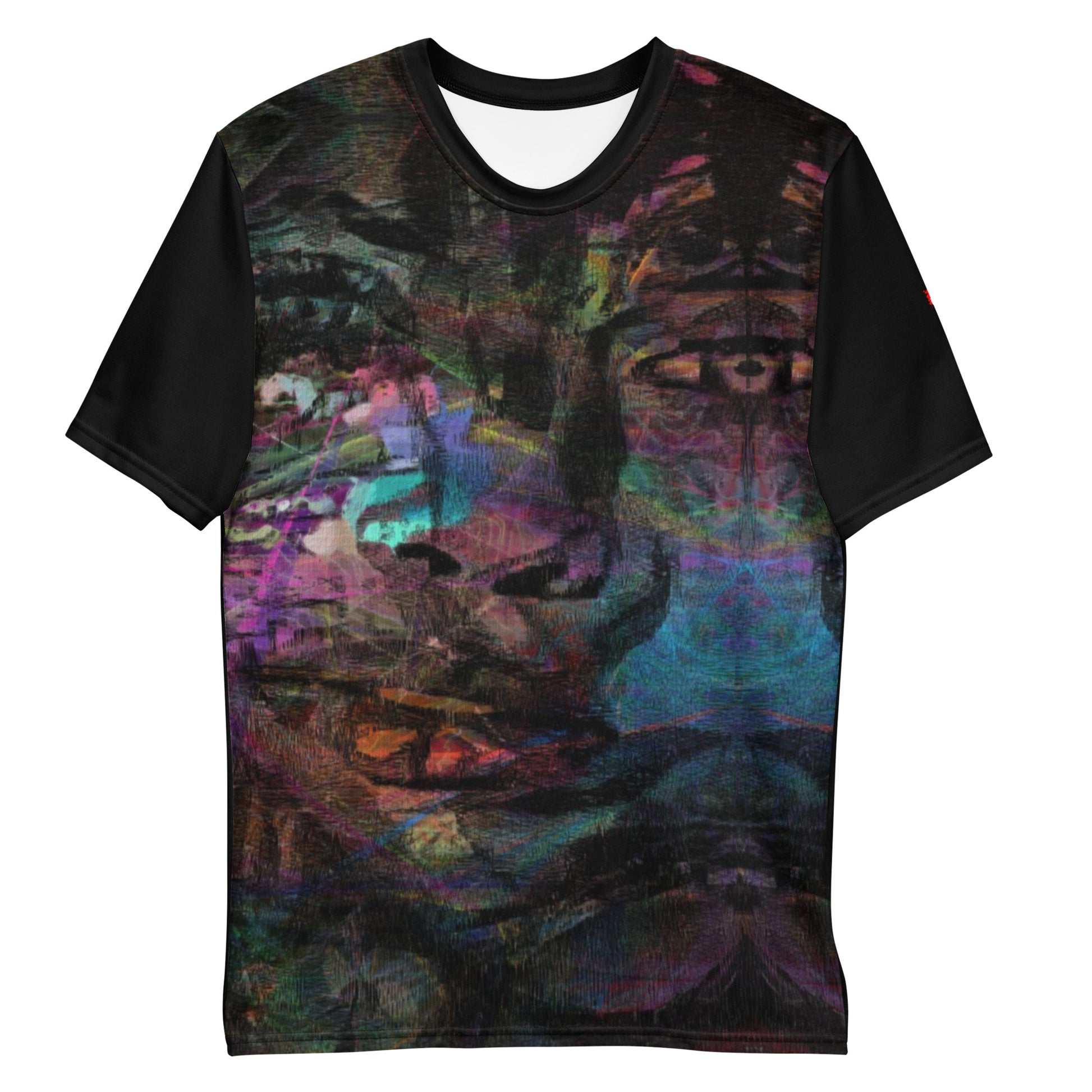 Men's crew neck tee with vibrant abstract art design, bold brushstrokes in purple, blue, and orange – modern colorful graphic t-shirt for men. Front-4