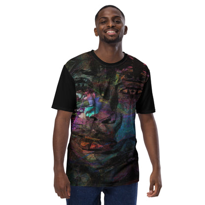 Men's crew neck tee with vibrant abstract art design, bold brushstrokes in purple, blue, and orange – modern colorful graphic t-shirt for men. Front-2