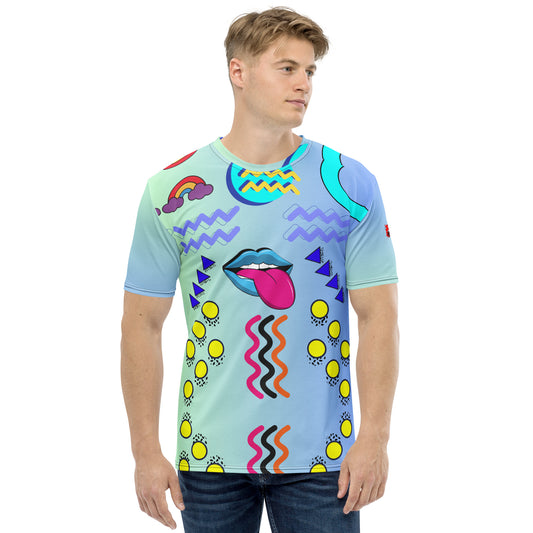 Hipyfi Men’s Retro Pop Art Crew Neck T-Shirt featuring bold Memphis design and cyan pop art graphics front