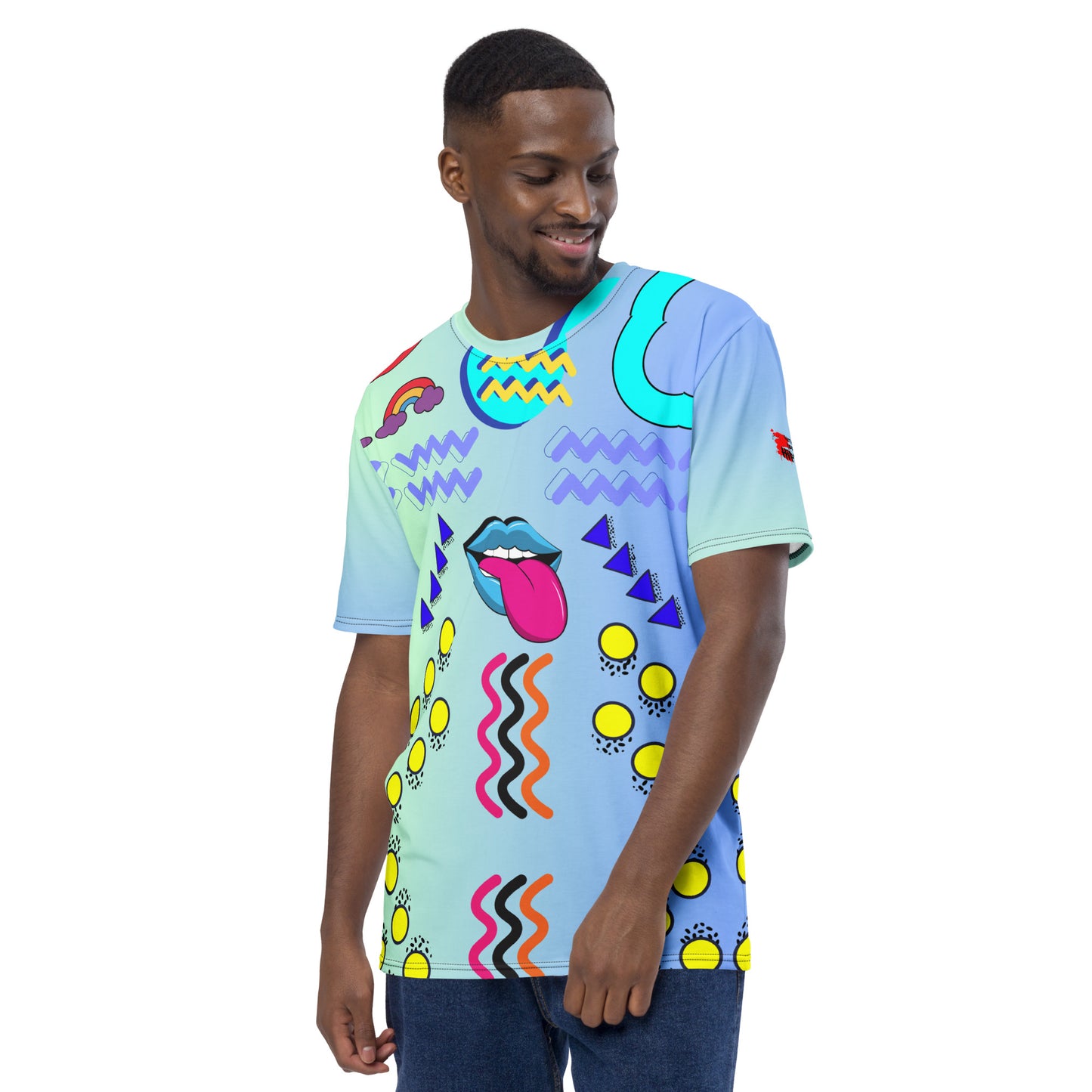 Hipyfi Men’s Retro Pop Art Crew Neck T-Shirt featuring bold Memphis design and cyan pop art graphics Left-2