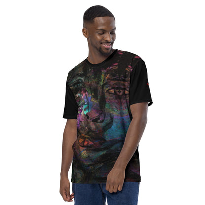 Men's crew neck tee with vibrant abstract art design, bold brushstrokes in purple, blue, and orange – modern colorful graphic t-shirt for men. Left-2