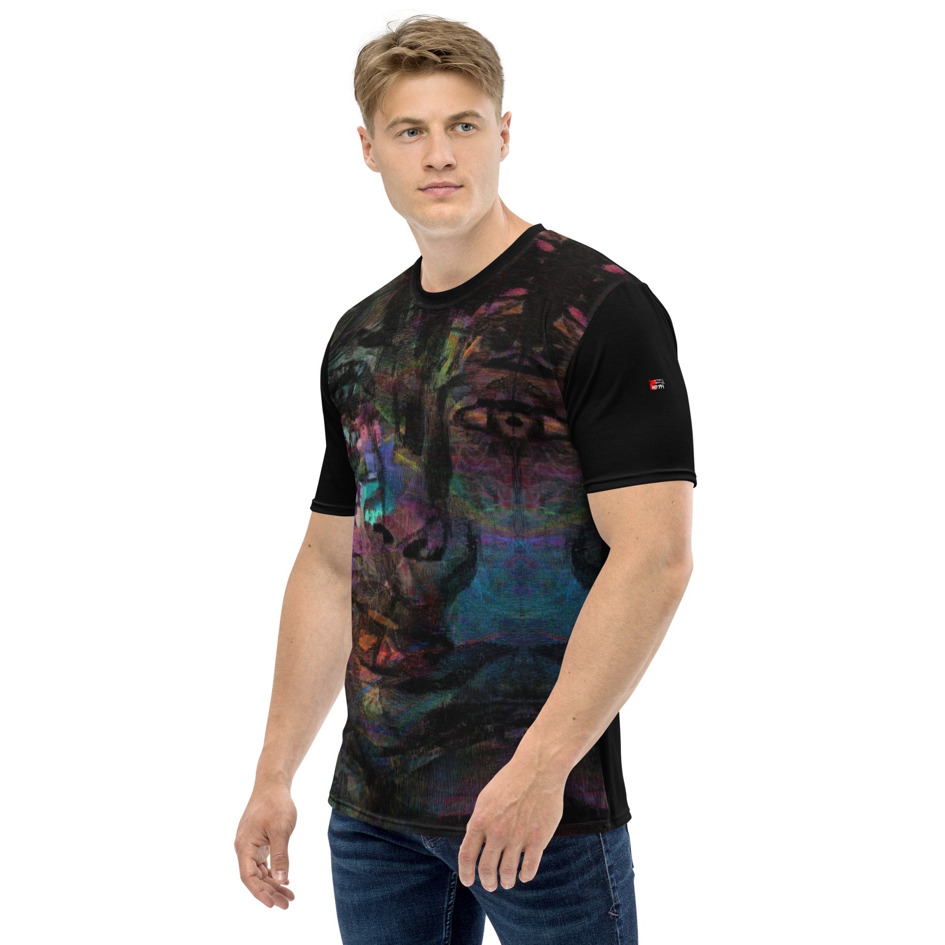 Men's crew neck tee with vibrant abstract art design, bold brushstrokes in purple, blue, and orange – modern colorful graphic t-shirt for men. Left