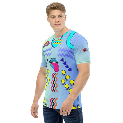 Hipyfi Men’s Retro Pop Art Crew Neck T-Shirt featuring bold Memphis design and cyan pop art graphics Left