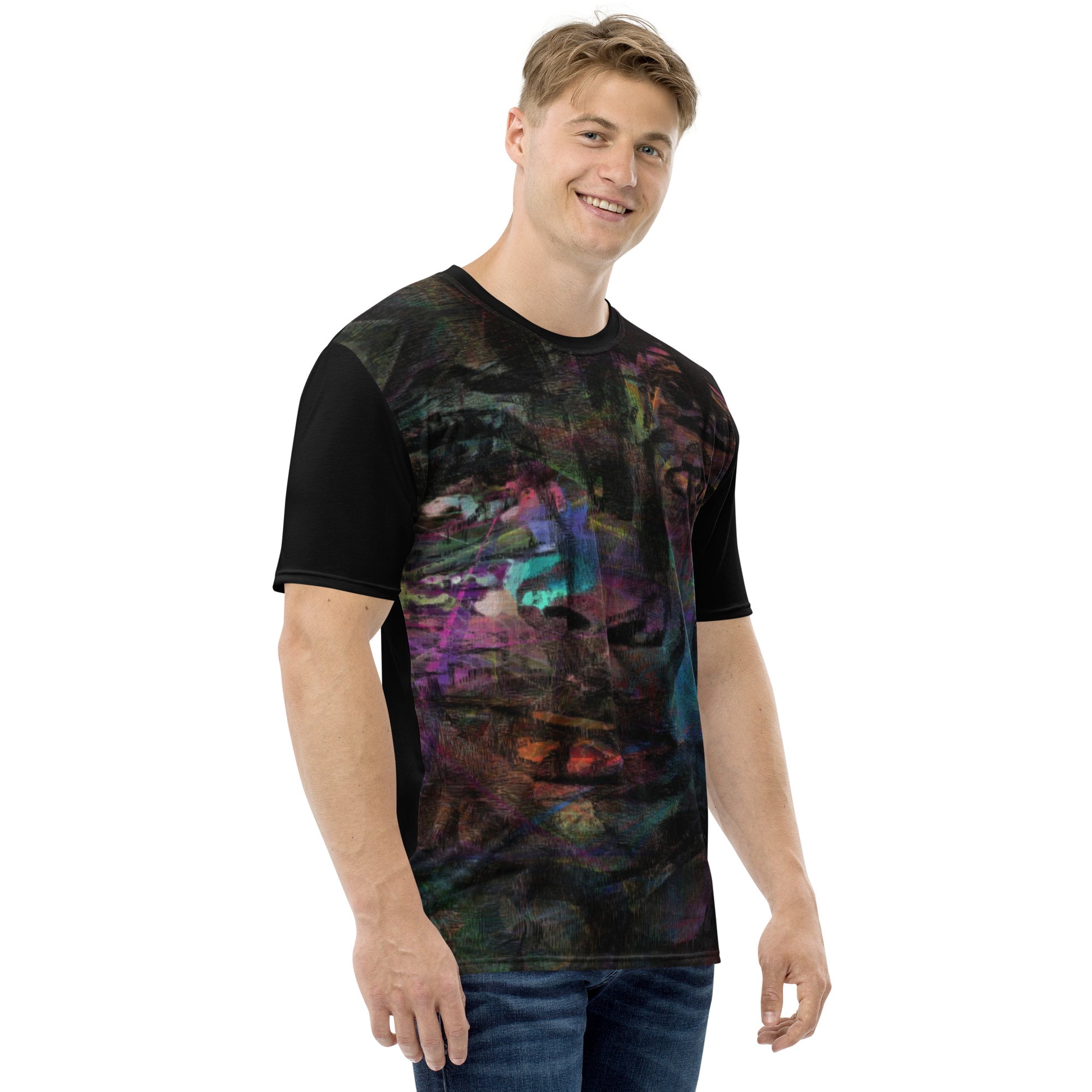 Men's crew neck tee with vibrant abstract art design, bold brushstrokes in purple, blue, and orange – modern colorful graphic t-shirt for men. Right
