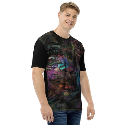 Men's crew neck tee with vibrant abstract art design, bold brushstrokes in purple, blue, and orange – modern colorful graphic t-shirt for men. Right