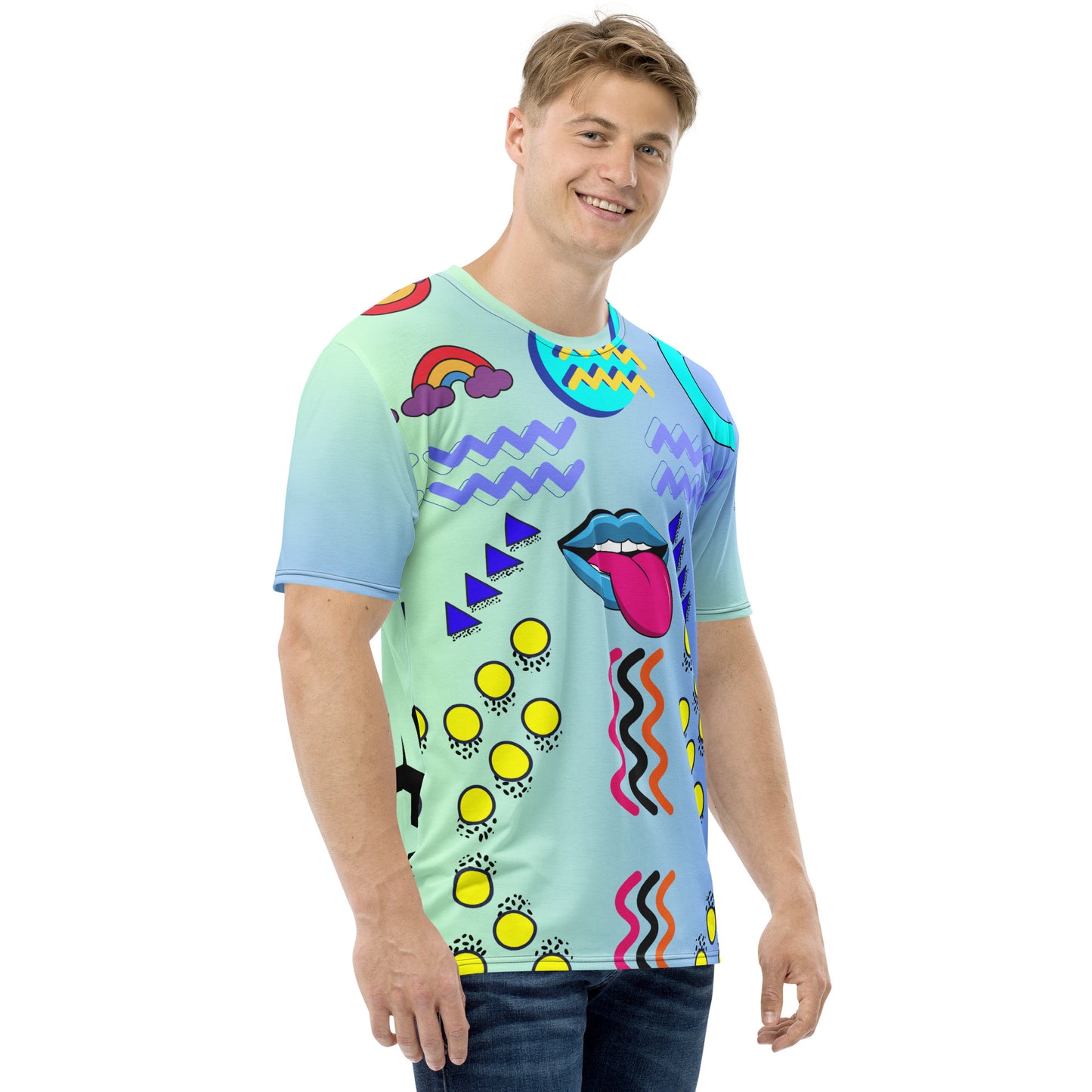 Hipyfi Men’s Retro Pop Art Crew Neck T-Shirt featuring bold Memphis design and cyan pop art graphics Right