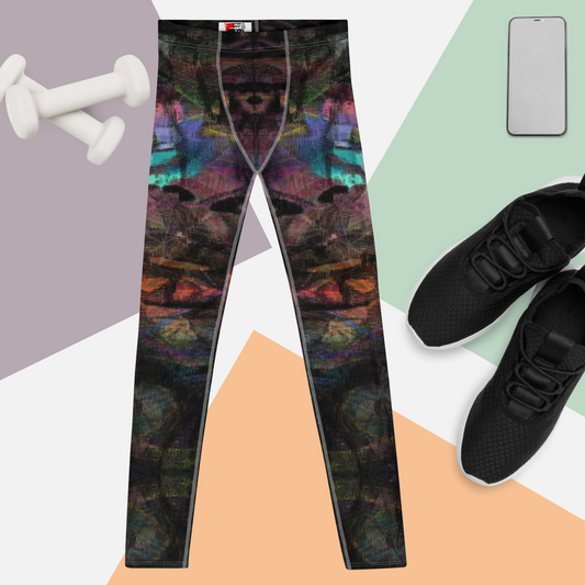 Hipyfi Men's Graphic Leggings with bold abstract art prints in vibrant colors – ideal for gym workouts or streetwear style. Front-3