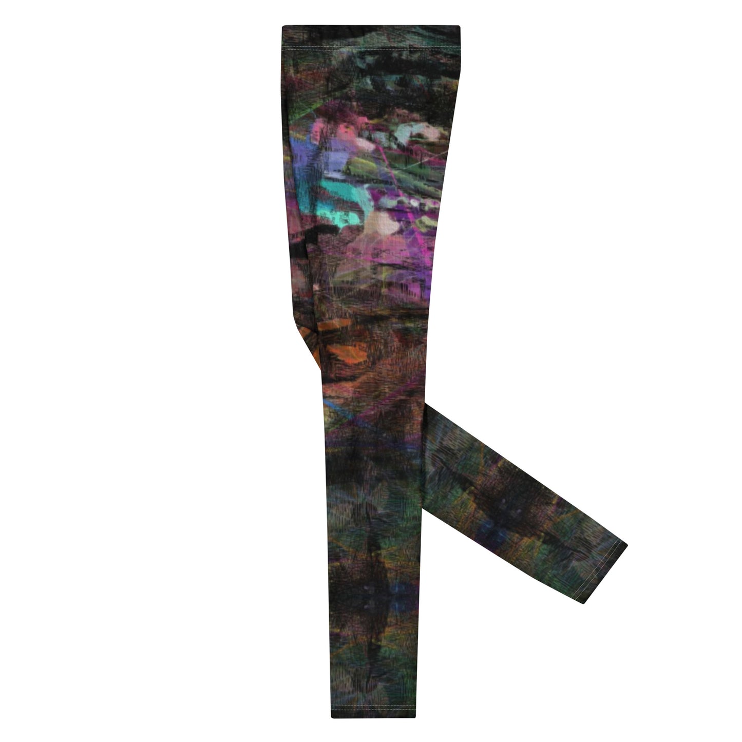 Hipyfi Men's Graphic Leggings with bold abstract art prints in vibrant colors – ideal for gym workouts or streetwear style. Left