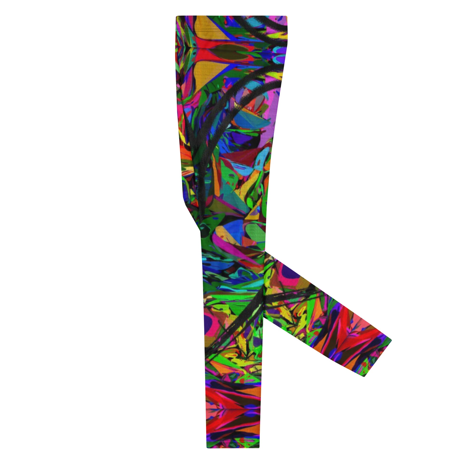 Men's abstract leggings with colorful street art design by Hipyfi, featuring 4-way stretch fabric for comfort and performance. Left