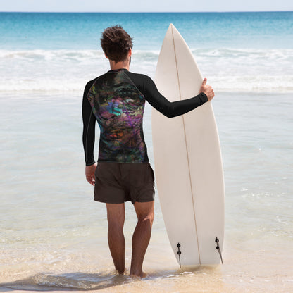 Hipyfi Men’s Graphic Rash Guard with bold abstract brushstroke art in vibrant colors for surfing, swimming, and fitness. Back-2