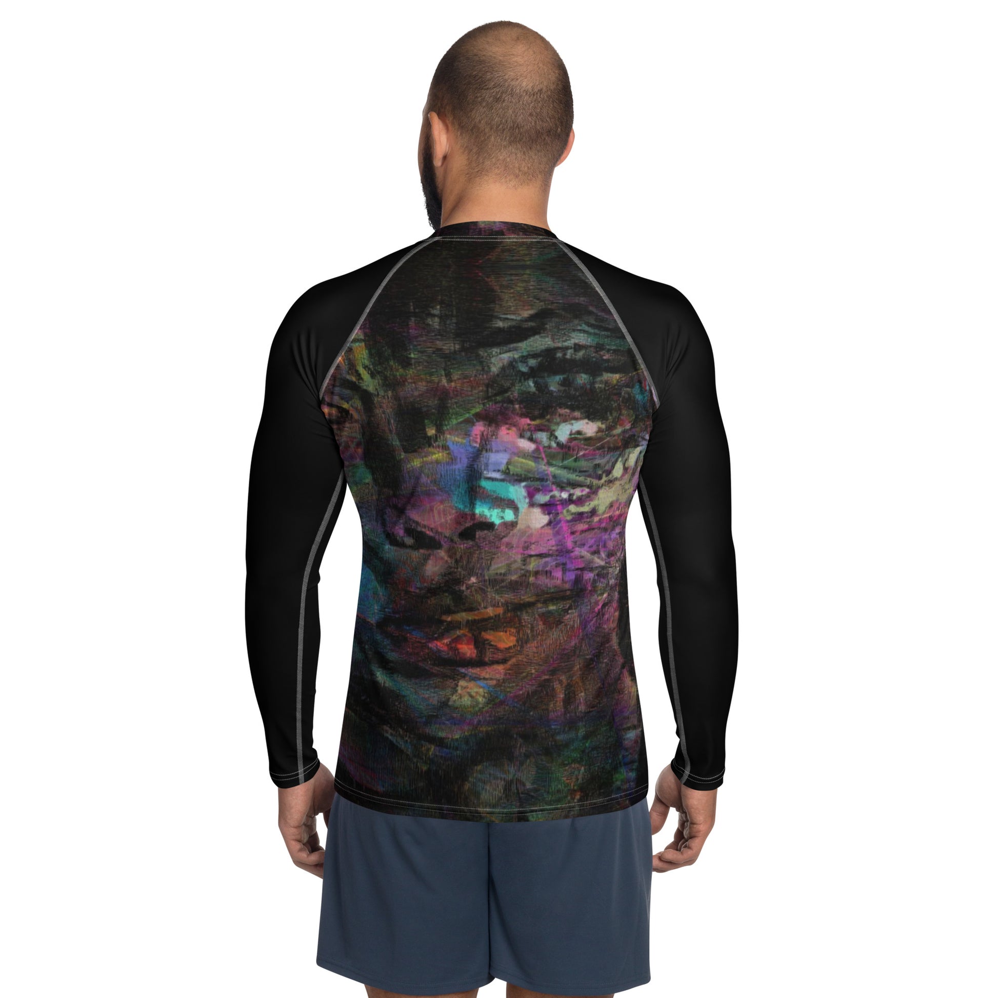 Hipyfi Men’s Graphic Rash Guard with bold abstract brushstroke art in vibrant colors for surfing, swimming, and fitness. Back-3