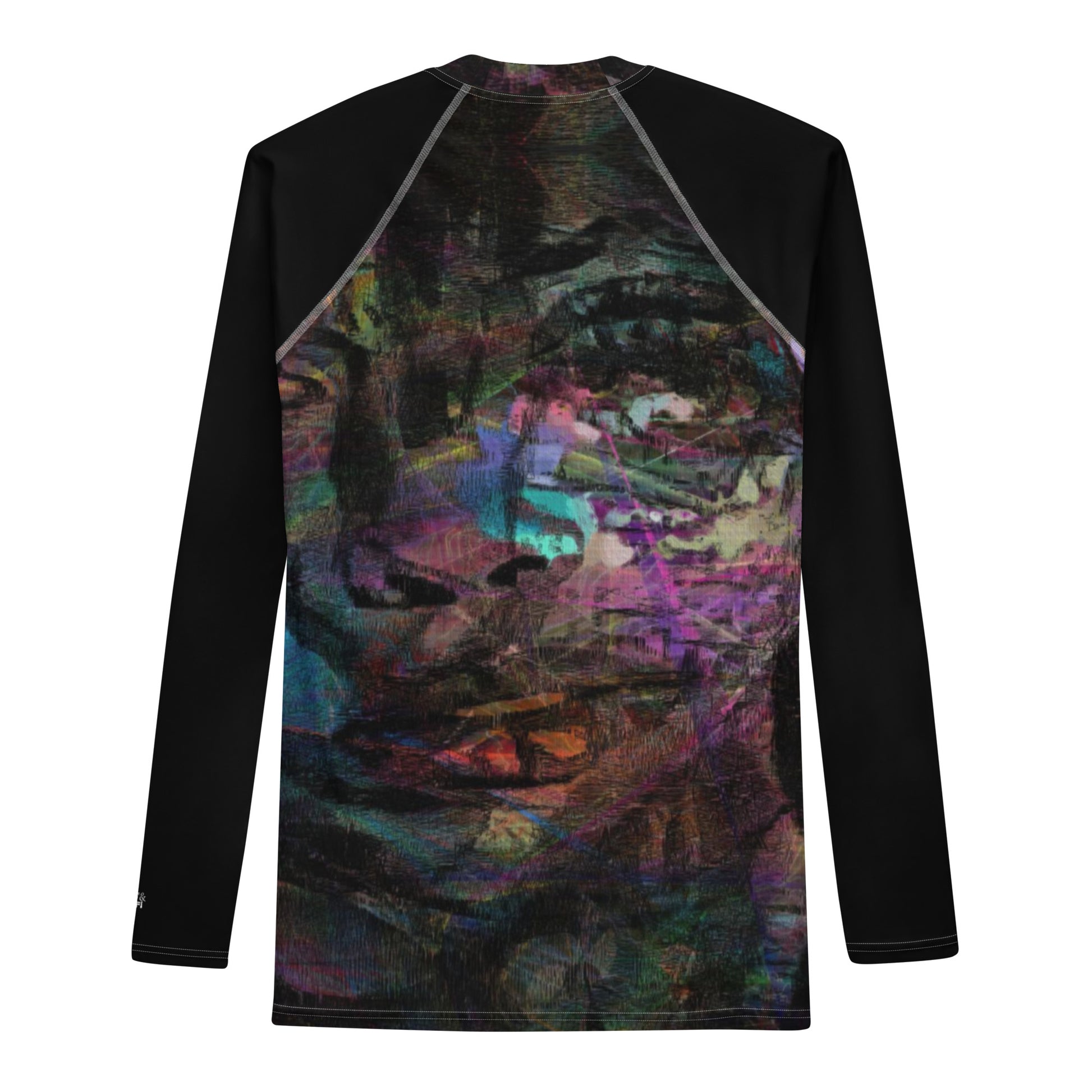 Hipyfi Men’s Graphic Rash Guard with bold abstract brushstroke art in vibrant colors for surfing, swimming, and fitness. Back-5