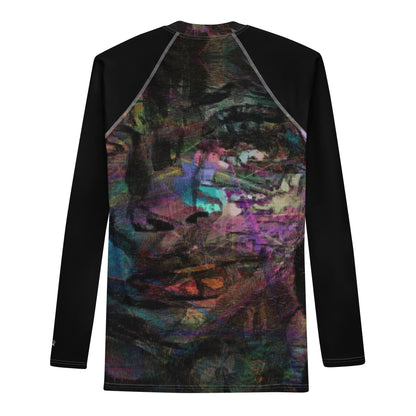 Hipyfi Men’s Graphic Rash Guard with bold abstract brushstroke art in vibrant colors for surfing, swimming, and fitness. Back-5