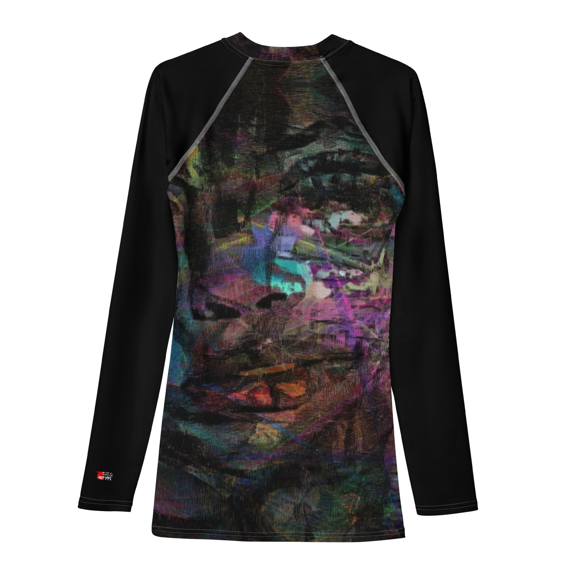 Hipyfi Men’s Graphic Rash Guard with bold abstract brushstroke art in vibrant colors for surfing, swimming, and fitness. Back-6