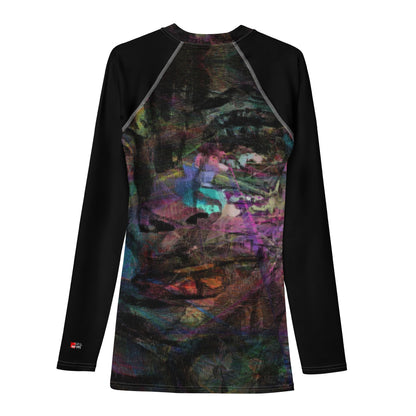 Hipyfi Men’s Graphic Rash Guard with bold abstract brushstroke art in vibrant colors for surfing, swimming, and fitness. Back-6