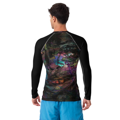 Hipyfi Men’s Graphic Rash Guard with bold abstract brushstroke art in vibrant colors for surfing, swimming, and fitness. Back-4