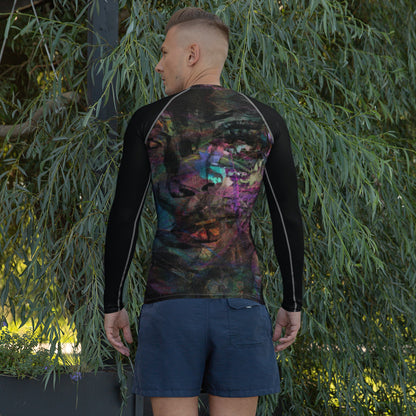 Hipyfi Men’s Graphic Rash Guard with bold abstract brushstroke art in vibrant colors for surfing, swimming, and fitness. Back