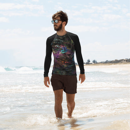 Hipyfi Men’s Graphic Rash Guard with bold abstract brushstroke art in vibrant colors for surfing, swimming, and fitness. Front-2