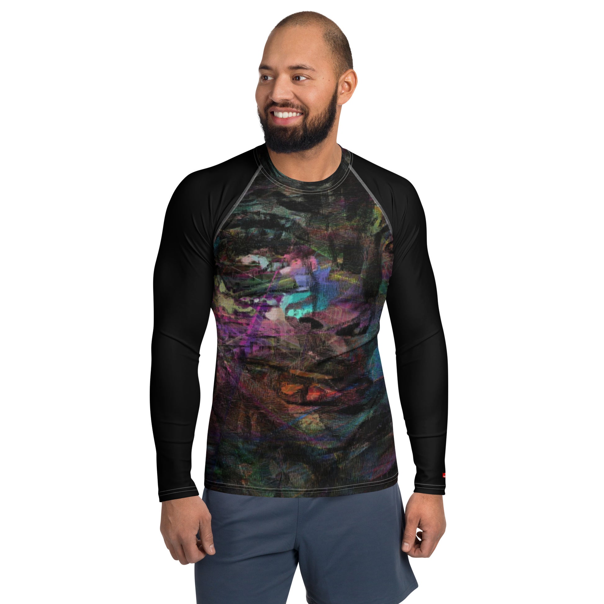 Hipyfi Men’s Graphic Rash Guard with bold abstract brushstroke art in vibrant colors for surfing, swimming, and fitness. Front-3