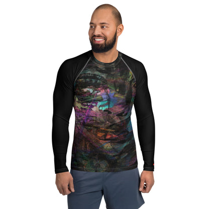 Hipyfi Men’s Graphic Rash Guard with bold abstract brushstroke art in vibrant colors for surfing, swimming, and fitness. Front-3